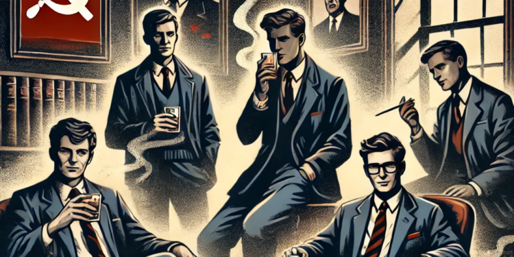 DALL·E 2025-01-25 16.24.42 - A stylized Cold War illustration showing the Cambridge Five, a group of young British men in suits and ties, sitting in a smoky, dimly lit room