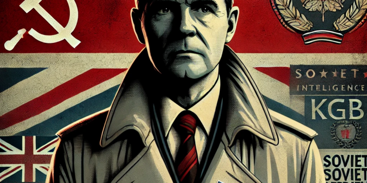 DALL·E 2025-01-25 16.24.49 - A Cold War-era illustration depicting a somber Soviet defector, Oleg Gordievsky, standing against a shadowy background with Soviet and British flags