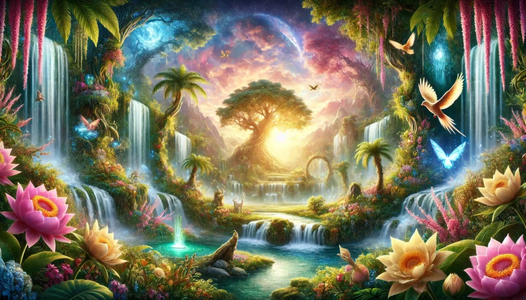 DALL·E - A mythical and ethereal depiction of the Garden of Eden, with lush, vibrant vegetation, cascading waterfalls, and glowing streams