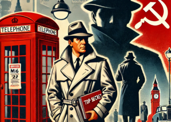 DALL·E 2025-01-25 16.24.35 - A Cold War-era illustration depicting a British MI6 agent and a shadowy Soviet figure in a tense confrontation, with a 1960s aesthetic