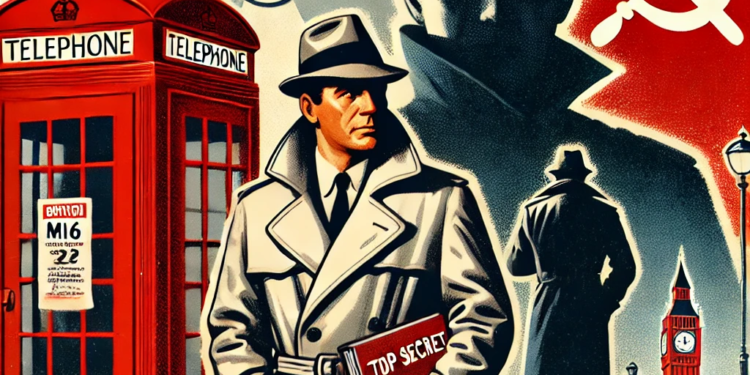 DALL·E 2025-01-25 16.24.35 - A Cold War-era illustration depicting a British MI6 agent and a shadowy Soviet figure in a tense confrontation, with a 1960s aesthetic