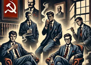 DALL·E 2025-01-25 16.24.42 - A stylized Cold War illustration showing the Cambridge Five, a group of young British men in suits and ties, sitting in a smoky, dimly lit room