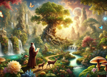 DALL·E - A mythical and ethereal depiction of the man who found the Garden of Eden