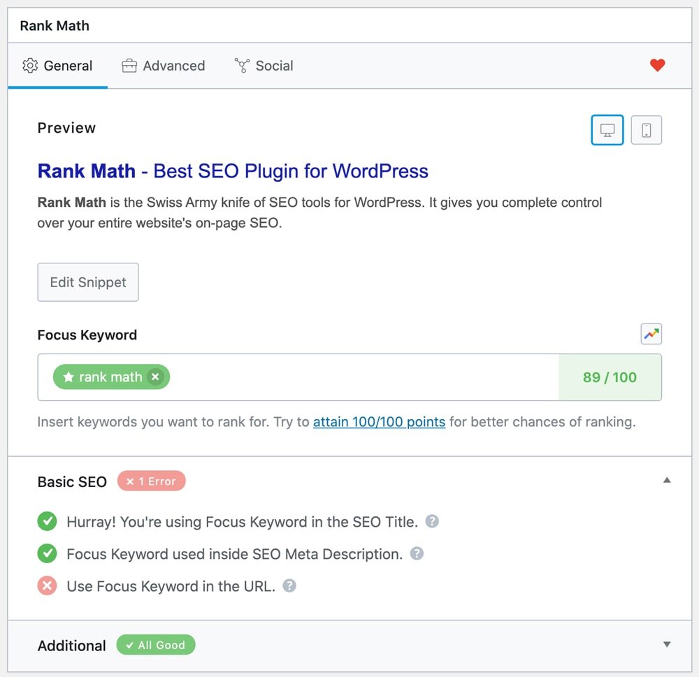 How to Optimize Your WordPress Theme (Free or Paid) for Speed, SEO, and User Experience 8 | Mania Africa | maniainc.com RankMath WordPress Plugin Interface - Optimizing Your WP Theme for SEO - Mania Guides