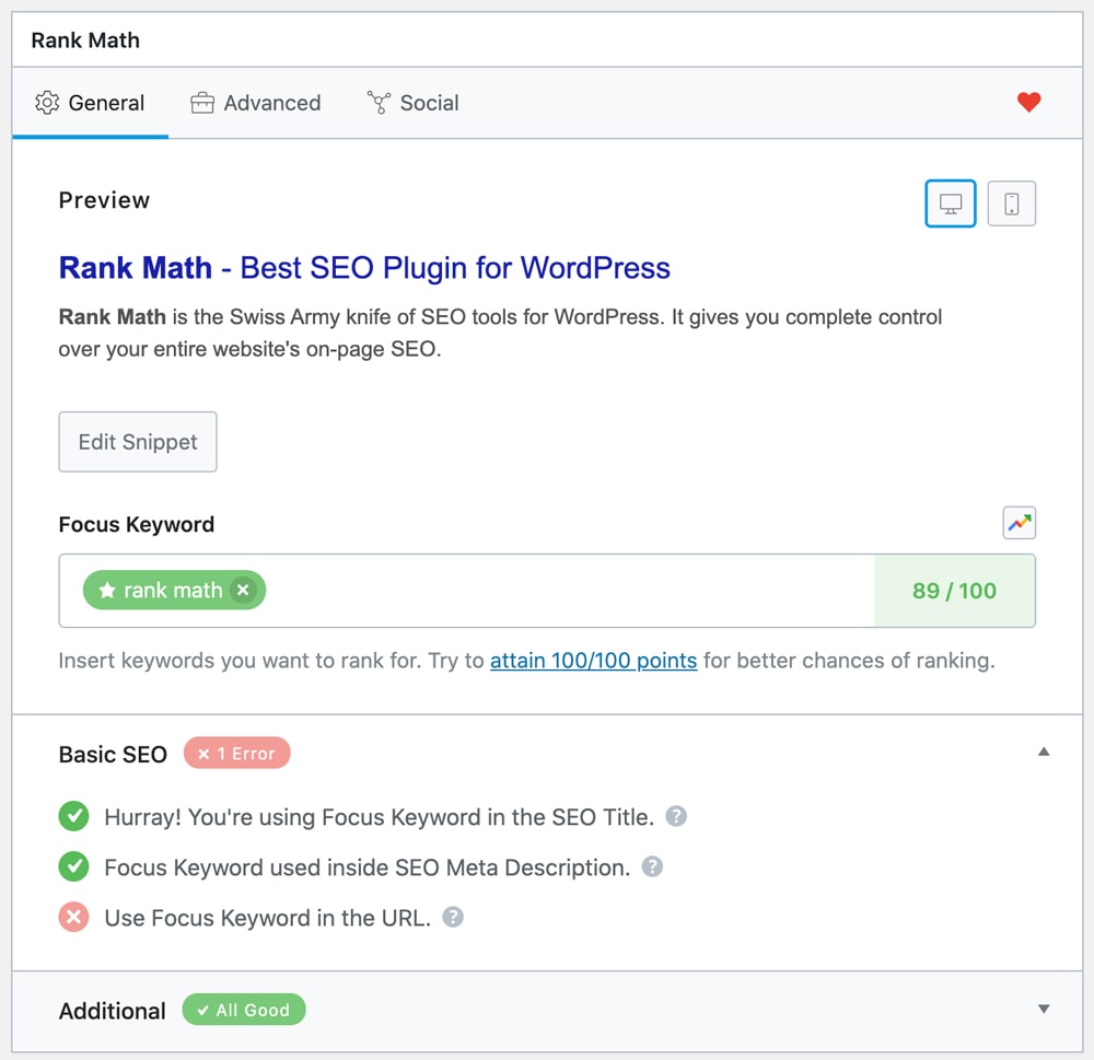 How to Optimize Your WordPress Theme (Free or Paid) for Speed, SEO, and User Experience 8 | Mania Africa | maniainc.com RankMath WordPress Plugin Interface - Optimizing Your WP Theme for SEO - Mania Guides