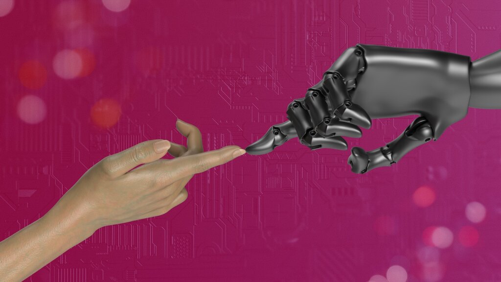 Two hands (one robot, another human) touching each other in front of a pink background - The #Keep4o Movement, The Conflict of Choice: Technology vs. Emotional Bonds