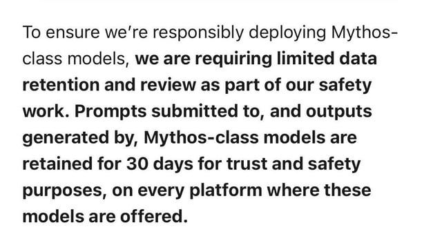 For added security and safety, Anthropic had released a policy requiring a 30-day retention of usage data for users of their Mythos-class models 