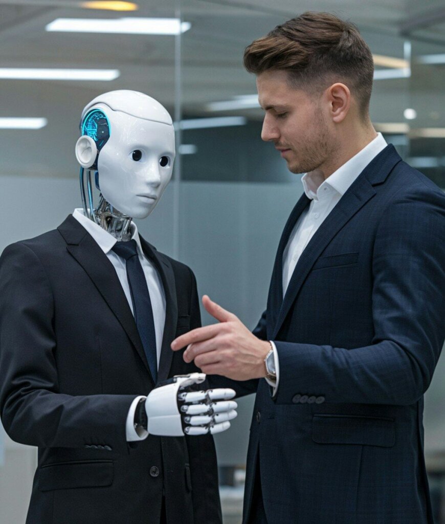 Why Google's Gemini 3.5 Pro Is Facing Delays: Inside the AI Giant's Biggest Challenge Yet—and Why OpenAI and Anthropic Are Pulling Ahead in the Agentic Coding Race 5 | Mania Africa | maniainc.com A man shakes hands with a robot - The Talent Race: Why Researchers Are Moving Between AI Labs
