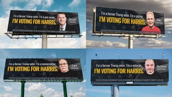 2024 Presidential Showdown – Harris vs. Trump: Latest Updates and Insights 45 | Mania Africa | maniainc.com A 'Republicans for Harris' billboard | Republicans for Harris: A Strategic Move to Appeal to Anti-Trump Voters | Mania News