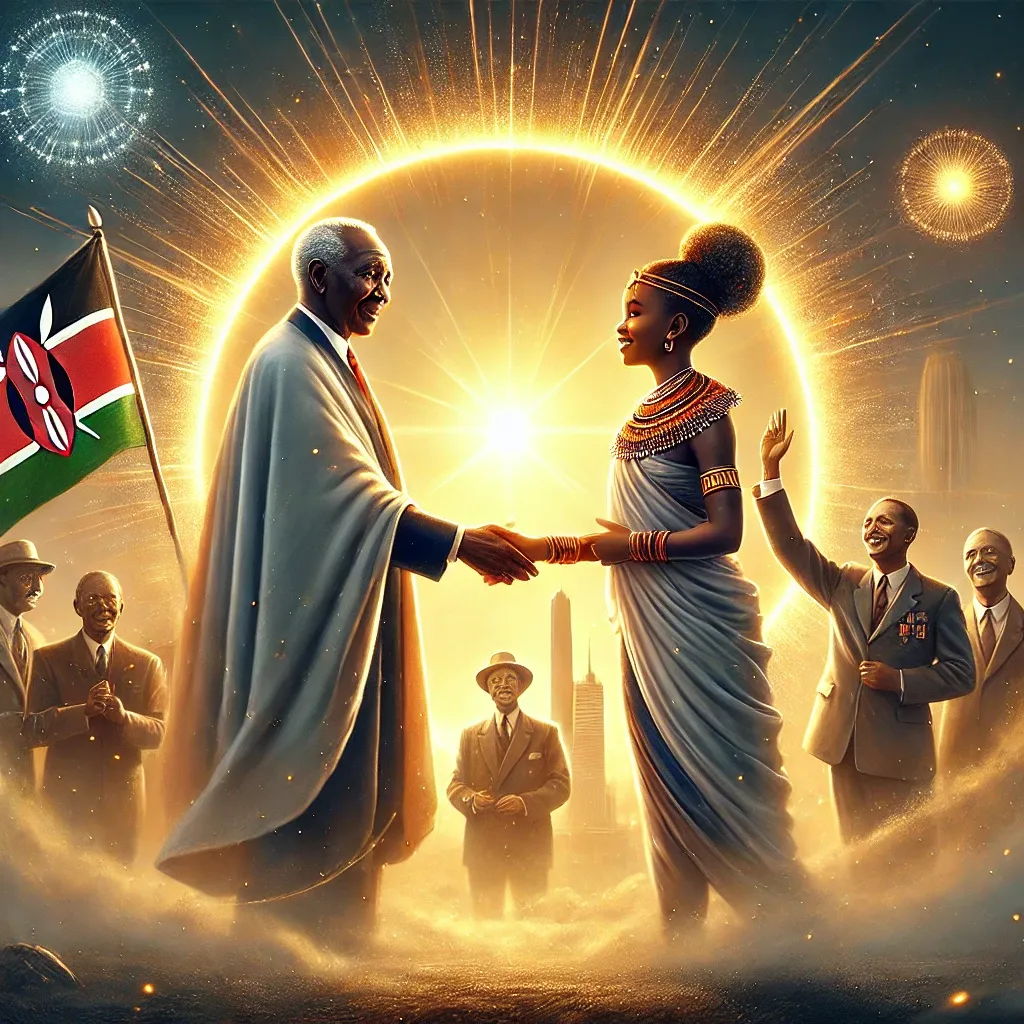 The Genius of Morara Kebaso: Tom Mboya Reincarnated? 4 | Mania Africa | maniainc.com DALL E 2024 08 30 03.42.14 A mythical and enlightened scene of a Gen Z activist Morara Kebaso greeting one of Kenya s founding fathers Tom Mboya as Kenya gains independence | Mania Africa: News, Sports, Tech, Movies, and Lifestyle | maniainc.com
