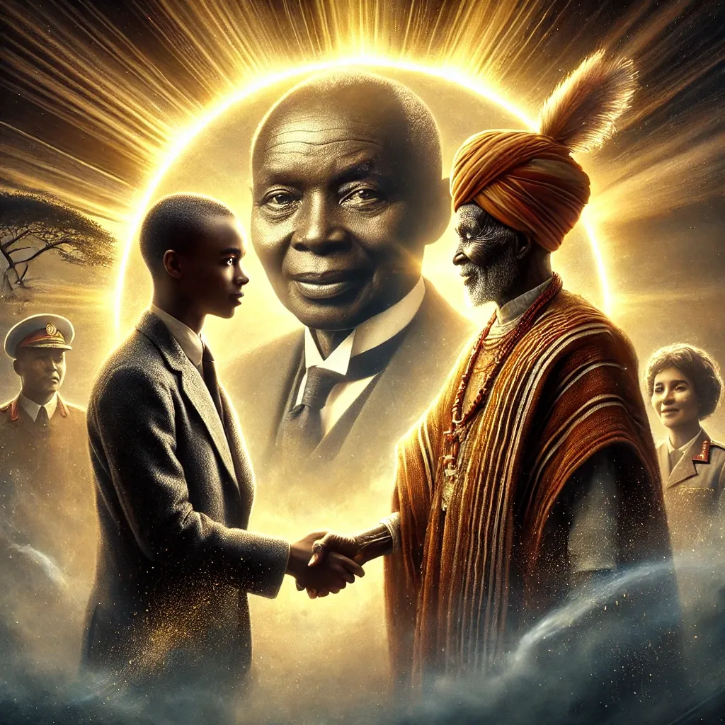 The Genius of Morara Kebaso: Tom Mboya Reincarnated? 2 | Mania Africa | maniainc.com DALL·E AI-Generated Image - A mythical and enlightened scene of a young man, Morara Kebaso, greeting Tom Mboya, a dark-skinned African statesman and pan-Africanist, as Kenya gains her independence | Mania Africa