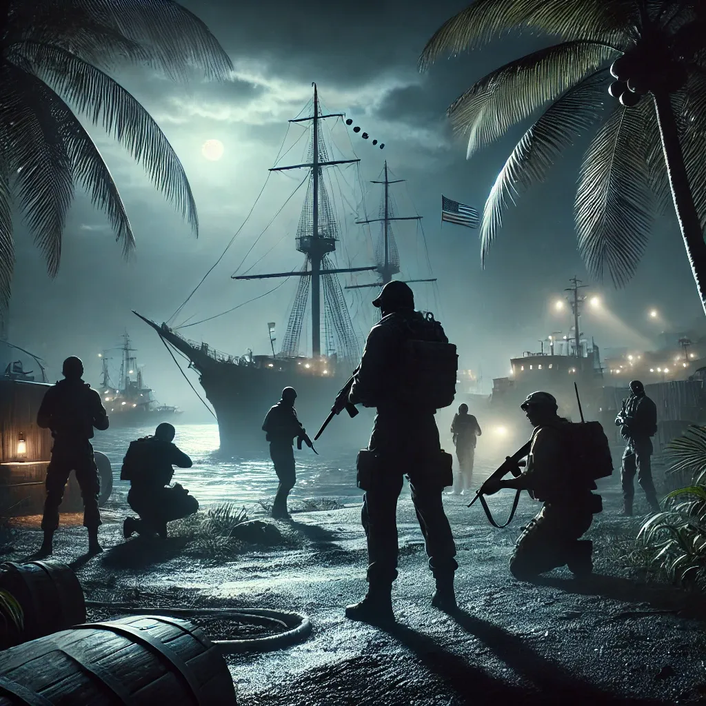 DALL E 2024 09 05 23.14.33 A cinematic scene inspired by a covert World War II operation set at night depicting a group of operatives on a tropical island preparing to hijack e | Mania Africa: News, Sports, Tech, Movies, and Lifestyle | maniainc.com