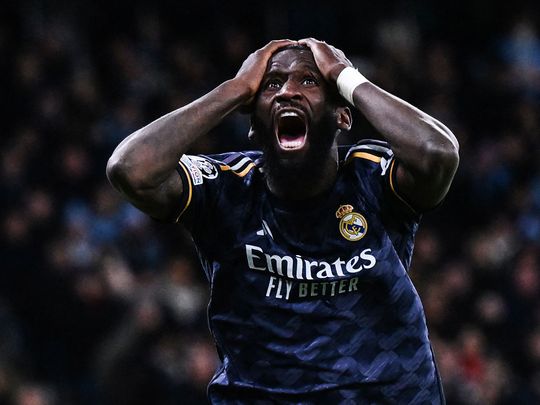 Not-so-Treble: Manchester City and Arsenal Kicked Off the Champions League 3 | Mania Africa | maniainc.com Antonio Rudiger wildly celebrating his goal against Man City in an expression of awe and disbelief | UCL Quarterfinals Man City v Real Madrid Penalty Shootout | Mania Sports