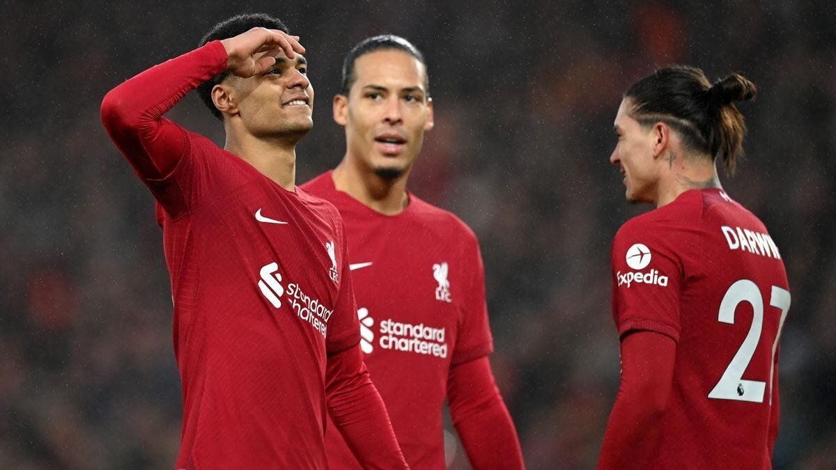 Anfield Annihilation: 7-0 is the Final Score for Liverpool vs Man United 2 | Mania Africa | maniainc.com Cody Gakpo and Darwin Nunez celebrate after scoring for Liverpool alongside Virgil van Dijk