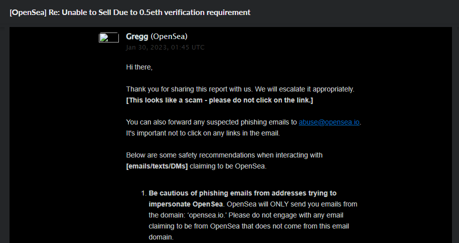 Crypto Scam: The OpenSea NFT Scam that's Robbing NFT Creators of their Hard-Earned Money 10 | Mania Africa | maniainc.com OpenSea's reply to my email and confirmation that I was actually being scammed