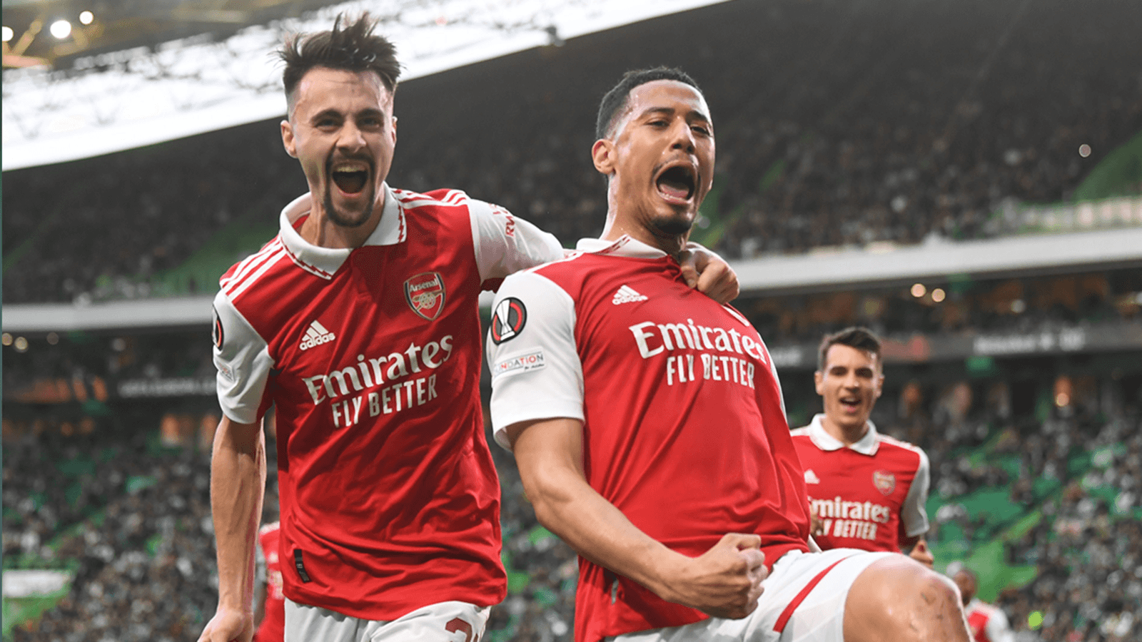 Man United and Juventus Secure Crucial Lead in the Europa League Round of 16 Knockout Stage First Leg Matches 4 | Mania Africa | maniainc.com Arsenal's William Saliba celebrating his goal against Sporting CP with his teammates