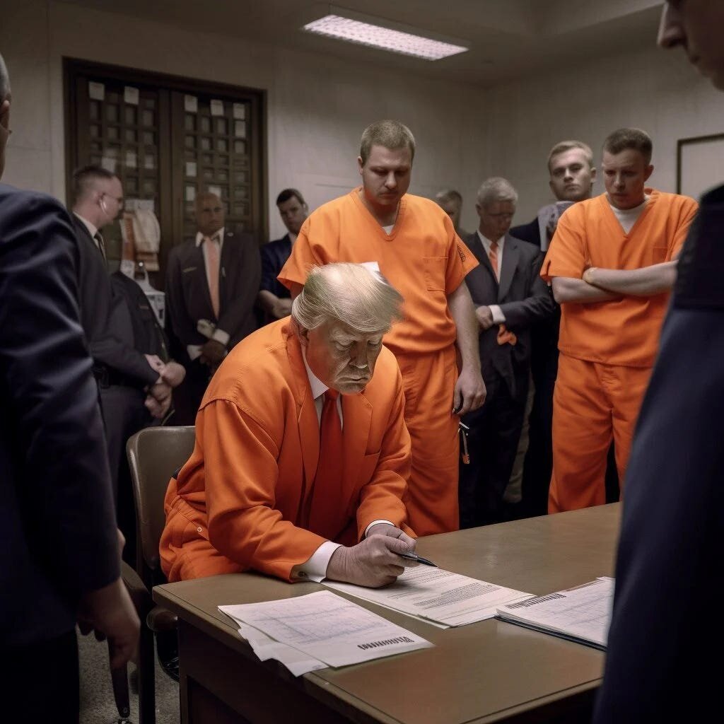 Is What's Happening to Trump Karma? 3 | Mania Africa | maniainc.com An AI-generated image showing Trump in an orange suit signing some documents in a court room just after sentencing