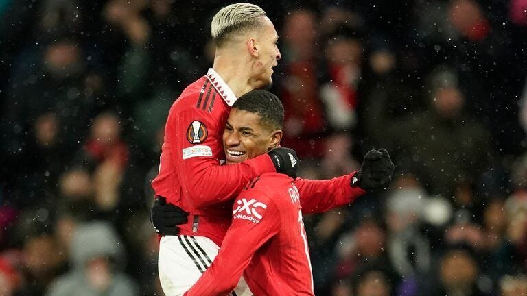 Man United and Juventus Secure Crucial Lead in the Europa League Round of 16 Knockout Stage First Leg Matches 2 | Mania Africa | maniainc.com Man United's Antony celebrating his goal with Marcus Rashford who's carrying him
