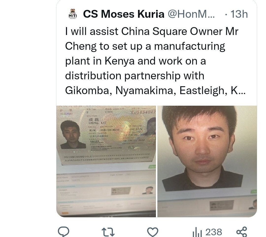 "We Want China Square Out!" - Interrogating the Xenophobic Undertones of the China Square Protests 4 | Mania Africa | maniainc.com A screenshot of the distasteful tweet that Trade CS Moses Kuria tweeted directly attacking China Square owner Lei Cheng