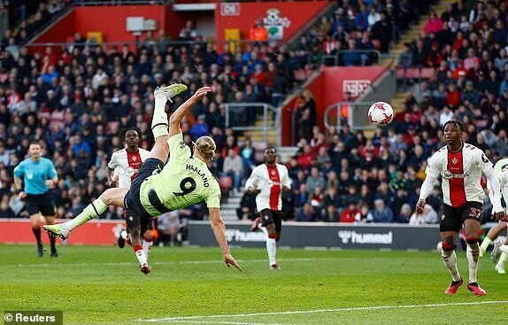 Haaland Double as Man City Thrashes Southampton 2 | Mania Africa | maniainc.com Erling Haaland doing a fly-kick as he scored his second goal against Southampton