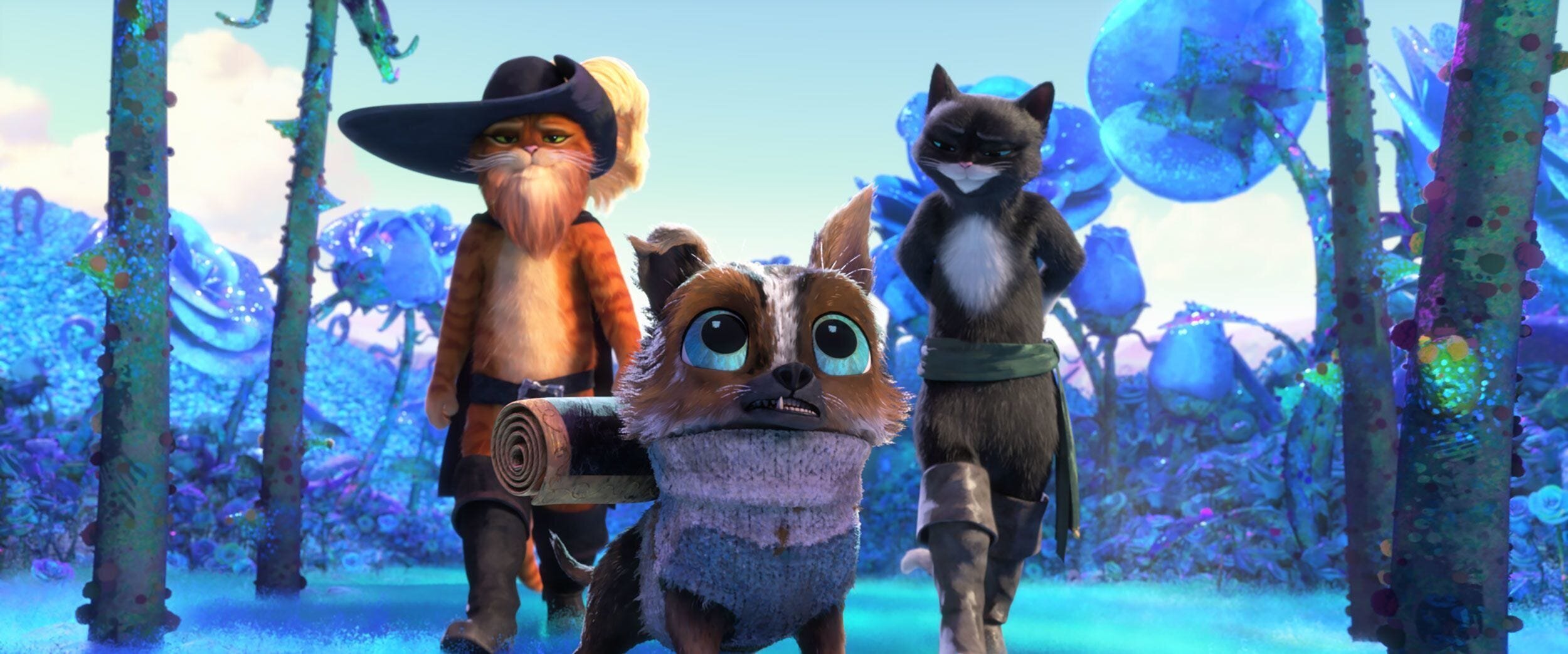 Puss in Boots: The Last Wish Movie Review 3 | Mania Africa | maniainc.com Puss in Boots, Perrito, and Kitty in The Dark Forest