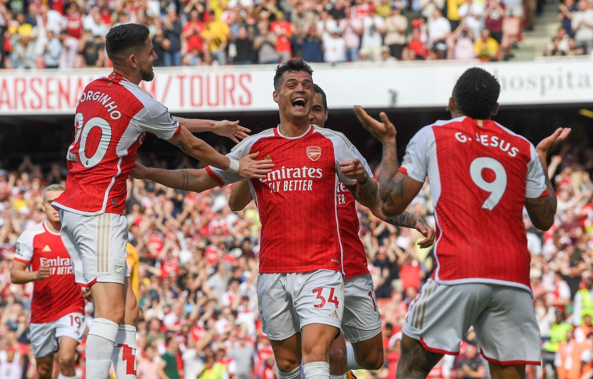 Last Day of EPL 22-23: Man United, Arsenal, and Tottenham Win their Last Games of the Season as Manchester City and Chelsea Flounder 2 | Mania Africa | maniainc.com Granit Xhaka celebrates a goal