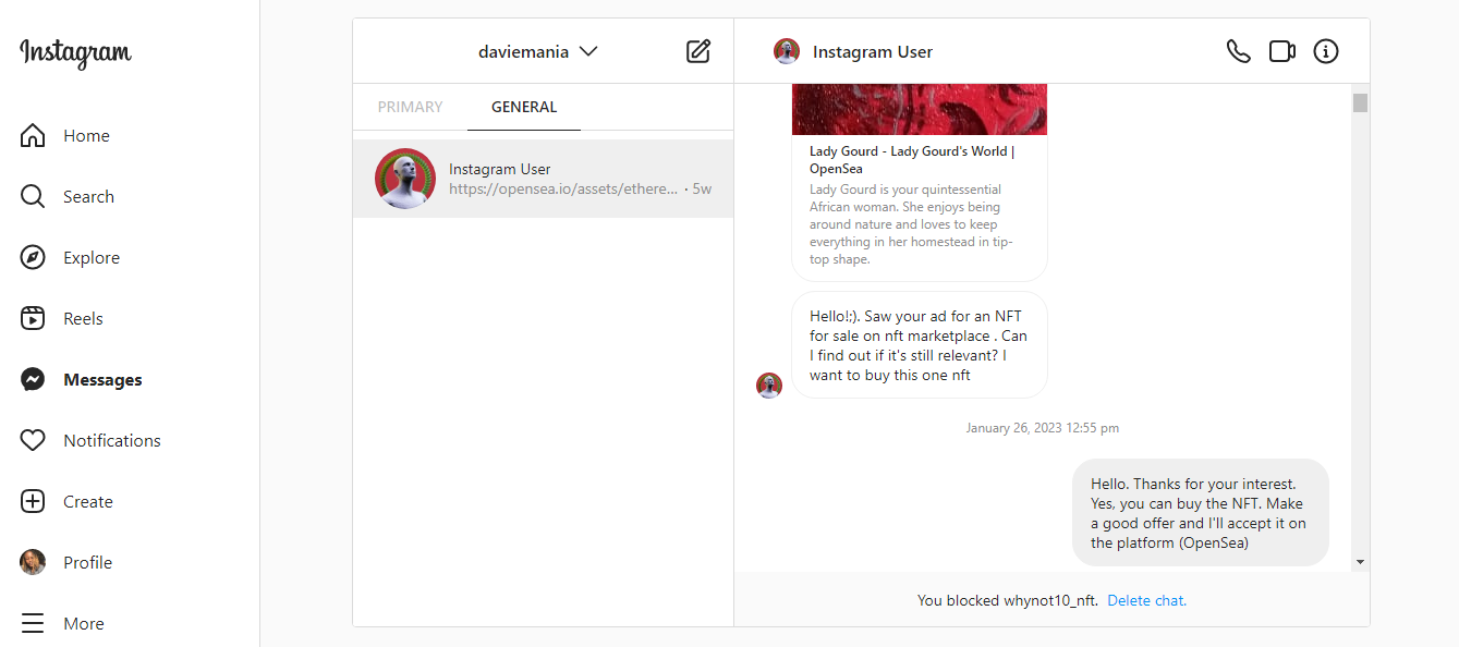 Crypto Scam: The OpenSea NFT Scam that's Robbing NFT Creators of their Hard-Earned Money 2 | Mania Africa | maniainc.com A screenshot of me initially being contacted by the scammer in Instagram Direct Message
