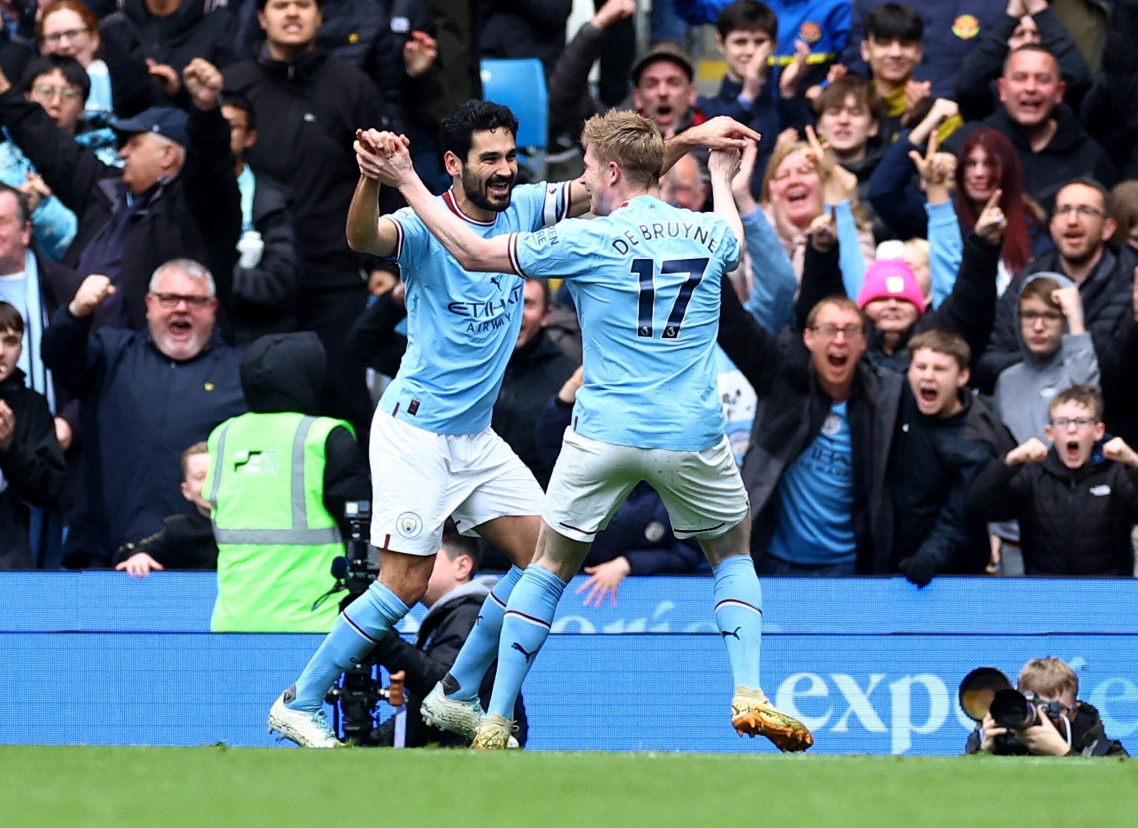Jack in the Box: Manchester City Humbles Liverpool in High-Scoring Premier League Clash 2 | Mania Africa | maniainc.com Ilkay Gundogan and Kevin de Bruyne celebrating a goal against Liverpool