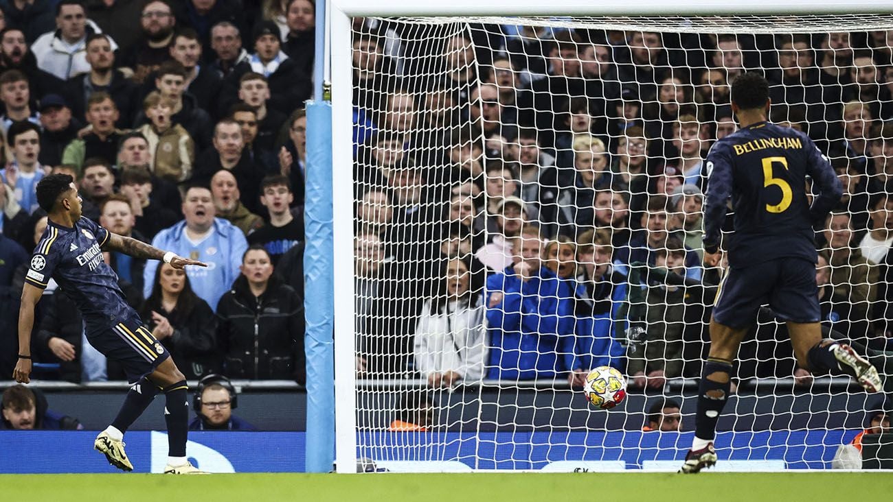 Not-so-Treble: Manchester City and Arsenal Kicked Off the Champions League 2 | Mania Africa | maniainc.com Rodrygo scoring for Real Madrid in their UCL Quarterfinal game against Man City | UCL 23-24 | Mania Sports