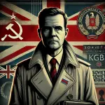 DALL·E 2025-01-25 16.24.49 - A Cold War-era illustration depicting a somber Soviet defector, Oleg Gordievsky, standing against a shadowy background with Soviet and British flags