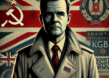 DALL·E 2025-01-25 16.24.49 - A Cold War-era illustration depicting a somber Soviet defector, Oleg Gordievsky, standing against a shadowy background with Soviet and British flags