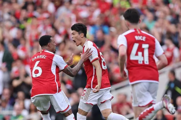 4-in-a-Row: Man City Crowned EPL 23-24 Champions 3 | Mania Africa | maniainc.com Tomiyasu celebrating his goal against Everton in their final PL 23/24 game against Everton | Arsenal v Everton | PL News | Mania Africa
