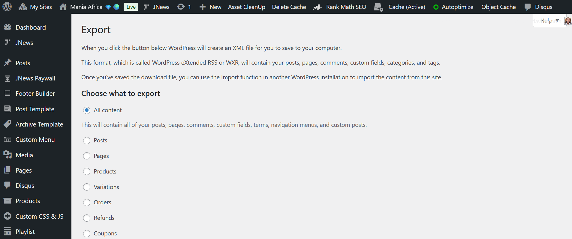 Migrating from Ghost to Substack by Migrating from Ghost to WordPress 6 | Mania Africa | maniainc.com Choose what to Export in WordPress Export