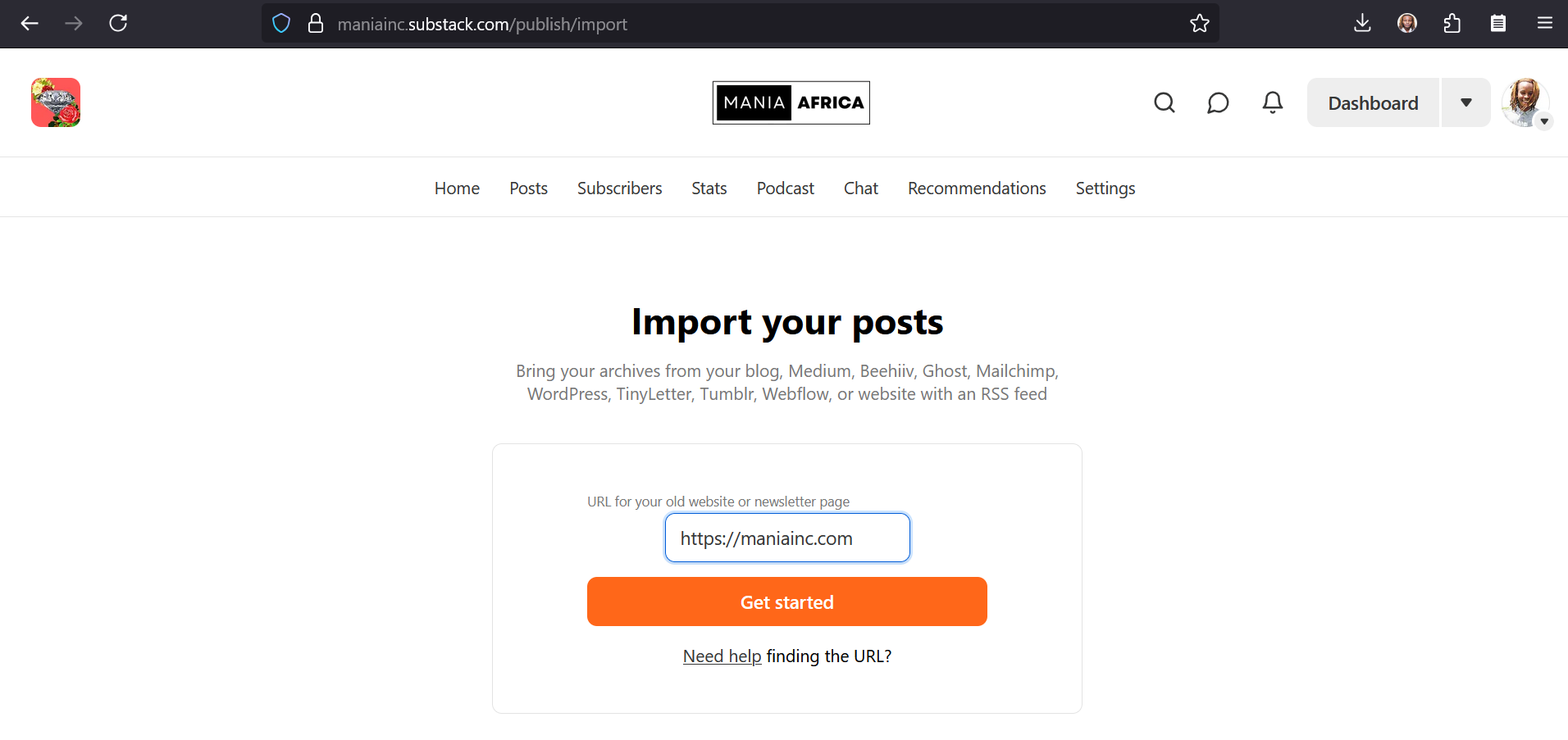 Migrating from Ghost to Substack by Migrating from Ghost to WordPress 9 | Mania Africa | maniainc.com Enter WP URL in Substack Import Posts