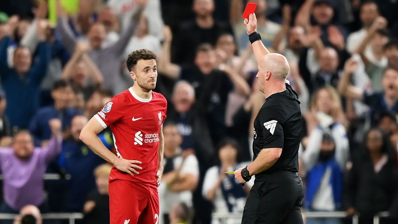 The Roll on EPL GW 7: It's a Spurs Weekend as Spurs Nick Liverpool, Crystal Palace Nick Man United, and an Itch for City as Wolves Nick The Defending Champs in a Shocking Turn of Events 3 | Mania Africa | maniainc.com Diogo Jota being shown a red card
