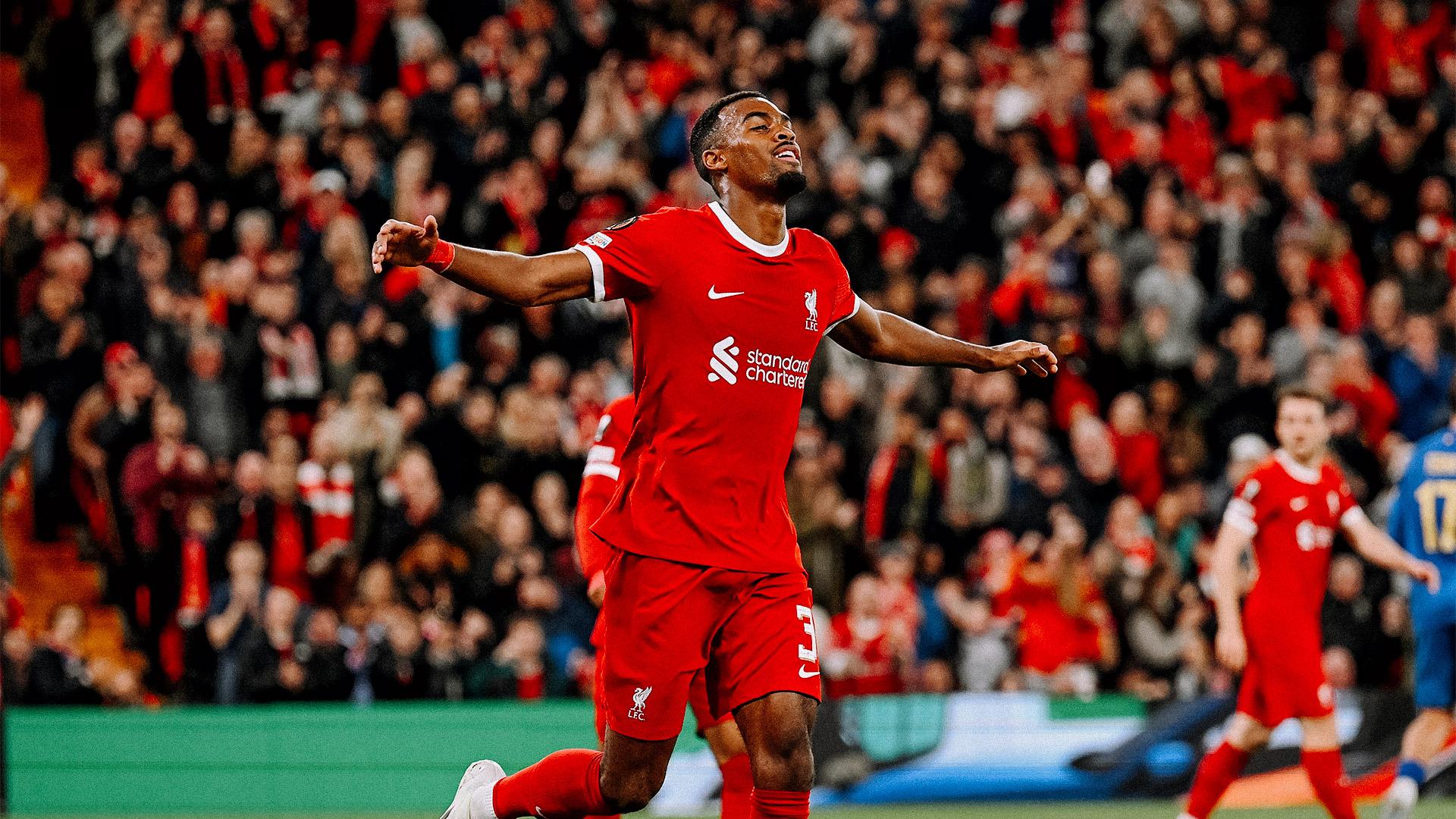 Gravenberch celebrating his first Liverpool goal