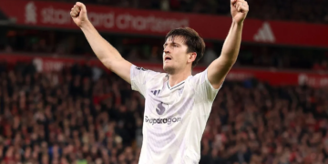 Harry Maguire Celebrating His goal against Liverpool in EPL 25-26 GW9 - Mania Sports